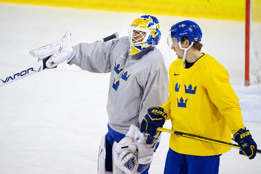 Goaltender Henrik Lundqvist and Robert Hägg of Sweden at a