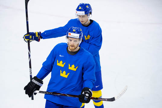 Gabriel Landeskog and Elias Pettersson of Sweden at a