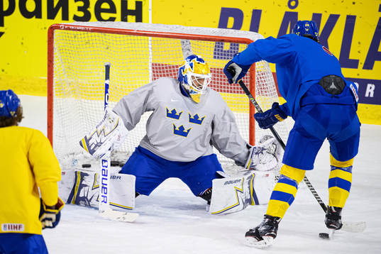 Goaltender Henrik Lundqvist of Sweden at a practice session