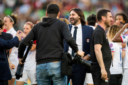 Reynald Pedros, head coach of Lyon, celebrates