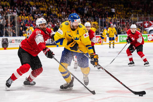 Roman Josi of Switzerland and Mattias Ekholm of Sweden