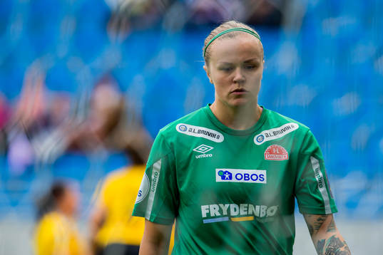 Goalkeeper Nora Gjøen of Sandviken looks dejected