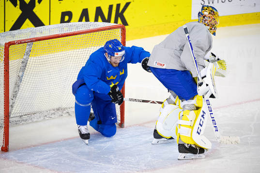 Gabriel Landeskog and goaltender Jacob Markström of Sweden