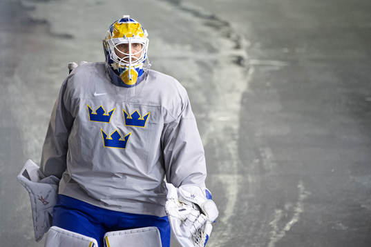 Goaltender Henrik Lundqvist of Sweden at a practice session