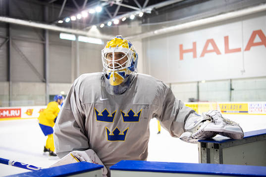 Goaltender Henrik Lundqvist of Sweden at a practice session