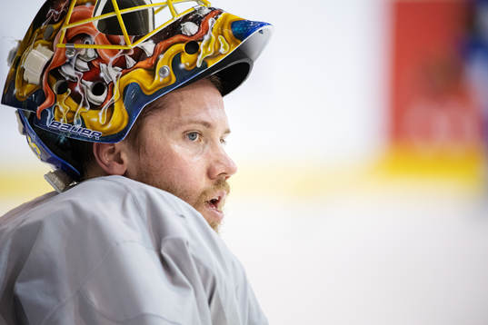 Goaltender Jacob Markström of Sweden at a practice session