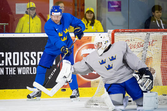 Patric Hörnqvist and goaltender Jhonas Enroth of Sweden at