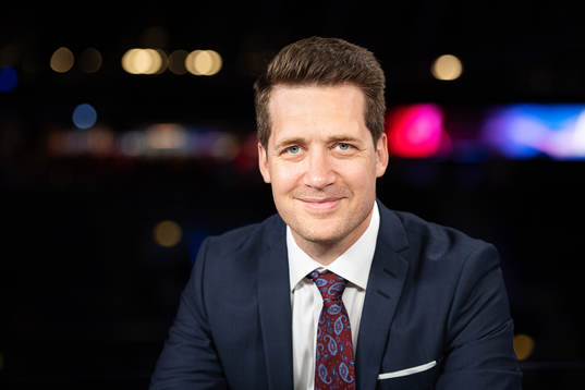 Sam Hallam poses for a portrait in the SVT tv studio