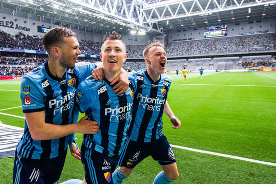 Djurgårdens Fredrik Ulvestad jublar med Jesper Karlström