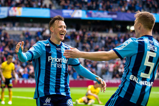 Djurgårdens Fredrik Ulvestad jublar med Elliot Käck
