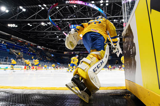 Goaltender Jacob Markström of Sweden enters the ice for