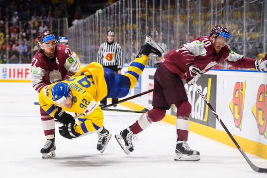 Gabriel Landeskog of Sweden in action with Roberts Bukarts