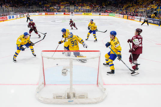 Mattias Ekholm and Loui Eriksson of Sweden scores a own