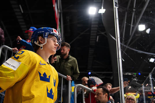Oskar Lindblom of Sweden enters the ice for warm-up