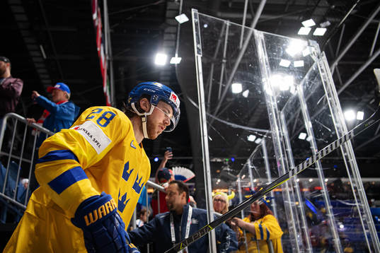 Elias Lindholm of Sweden enters the ice for warm-up