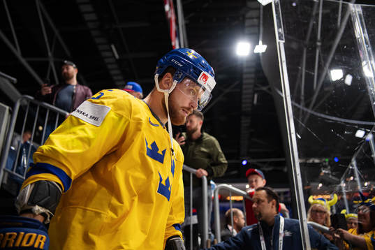 Adam Larsson of Sweden enters the ice for warm-up
