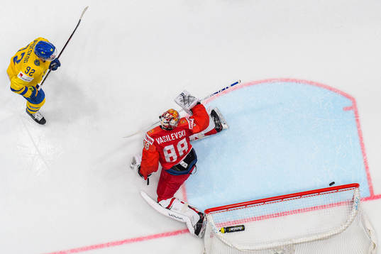 Gabriel Landeskog of Sweden scores the 1-0 goal behind