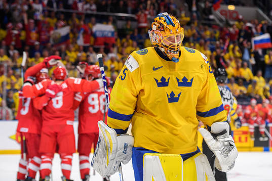 Goaltender Jacob Markström of Sweden looks dejected when