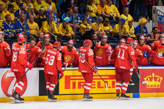 Yevgeni Dadonov of Russia celebrate with the bench