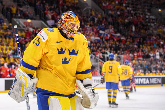 Goaltender Jacob Markström of Sweden looks dejected