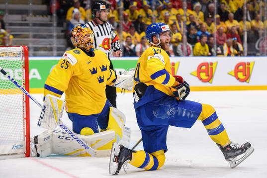 Goaltender Jacob Markström and Mattias Ekholm of Sweden