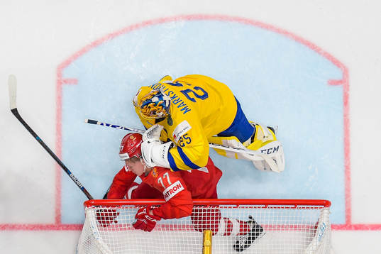 Goaltender Jacob Markström of Sweden in action with Kirill