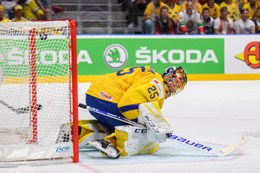 Goaltender Jacob Markström of Sweden looks dejected