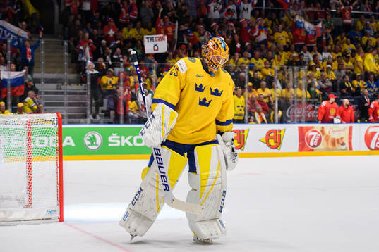 Goaltender Jacob Markström of Sweden looks dejected