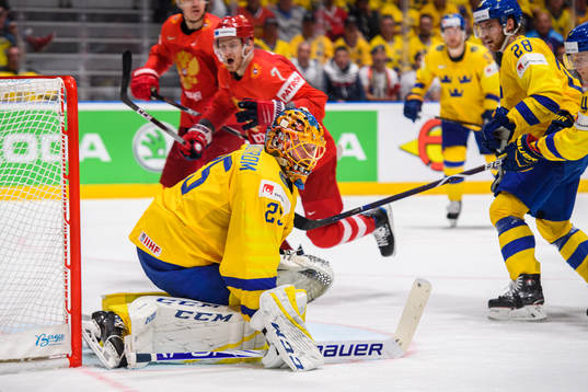 Goaltender Jacob Markström of Sweden looks dejected