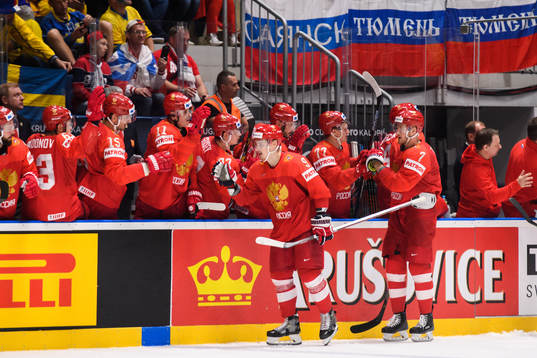 Dmitry Orlov of Russia celebrate with the bench