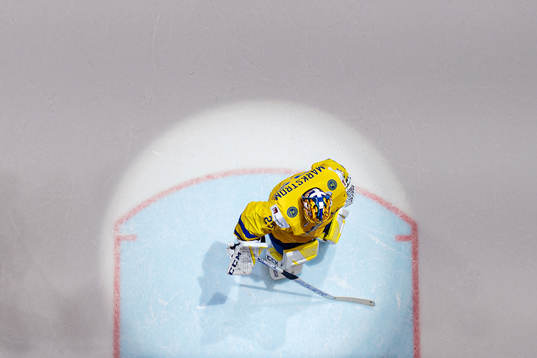 Goaltender Jacob Markström of Sweden looks dejected