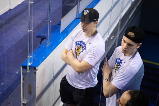 Finnish players watching team Sweden at a practice session