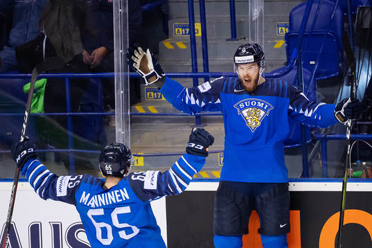 Sakari Manninen and Jani Hakanpää of Finland celebrates