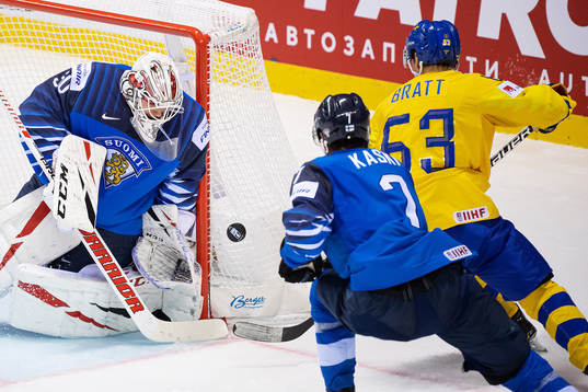 Jesper Bratt of Sweden in action against goaltender Kevin