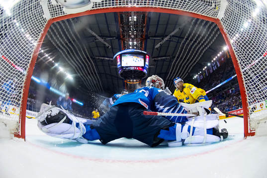 Goaltender Kevin Lankinen of Finland makes a save