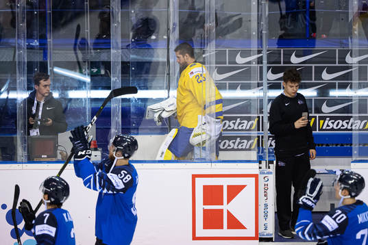 Goaltender Jacob Markström of Sweden leaves the ice while