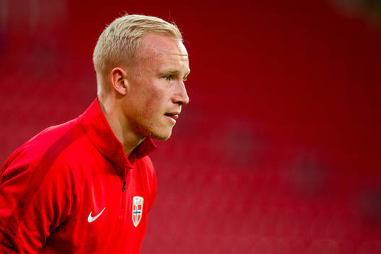 Goalkeeper Julian Faye Lund of Norway warms up