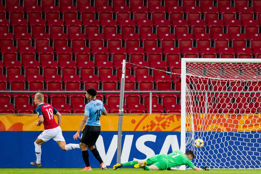 Erling Braut Haaland scores a disallowed goal behind