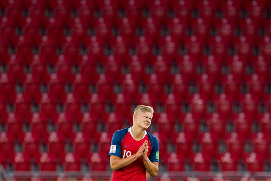 Erling Braut Haaland of Norway reacts waiting for the VAR