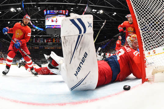 Russia's Andrei Vasilevski #88 and Dinar Khafizullin #3 look