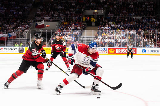 Damon Severson of Canada and Dmitrij Jaskin of Czech