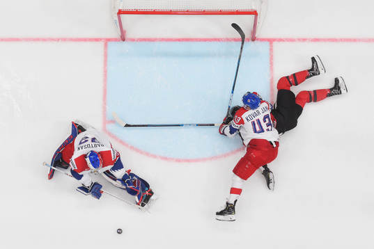 Goaltender Patrik Bartosak and Jan Kovar of Czech Republic