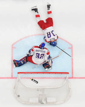 Goaltender Patrik Bartosak and Ondrej Palat of Czech