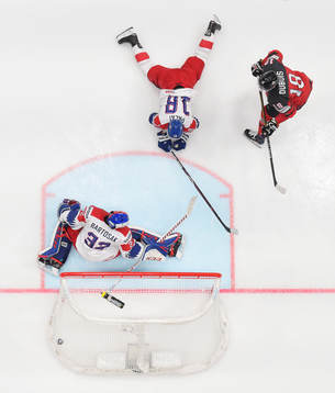 Goaltender Patrik Bartosak and Ondrej Palat of Czech