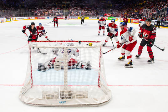 Thomas Chabot of Canada scores 5-0 behind goaltender Patrik
