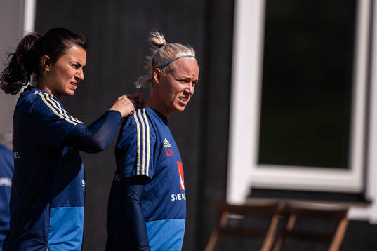 Goalkeeper Zecira Musovic and Caroline Seger of Swedish