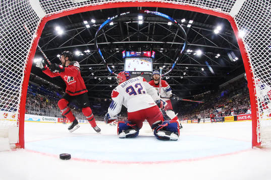 Mark Stone of Canada celebrates his 1-0 goal behind