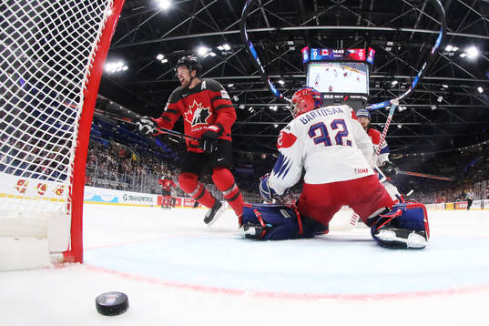 Mark Stone of Canada celebrates his 1-0 goal behind