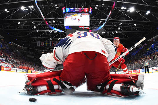 Nikita Gusev of Russia scores a goal in shootout