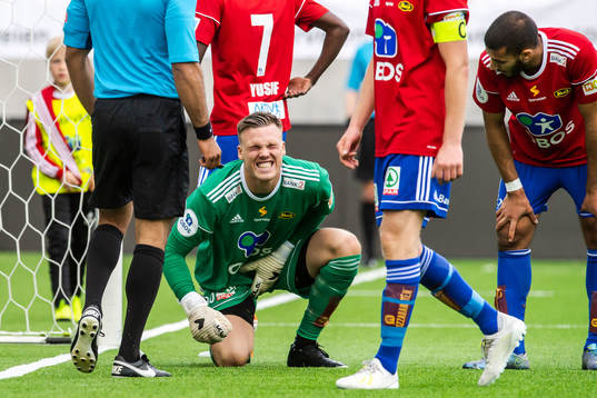 Goalkeeper Idar Nordby Lysgård of Skeid in pain